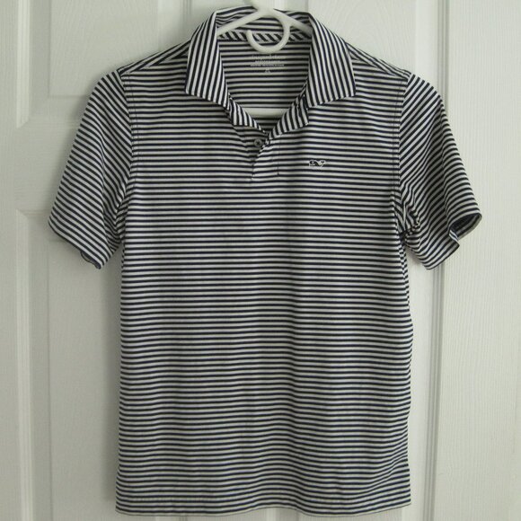 Vineyard Vines Boys Navy White Stripe Performance Short Sleeve Polo Sz M 12-14 - Picture 1 of 6